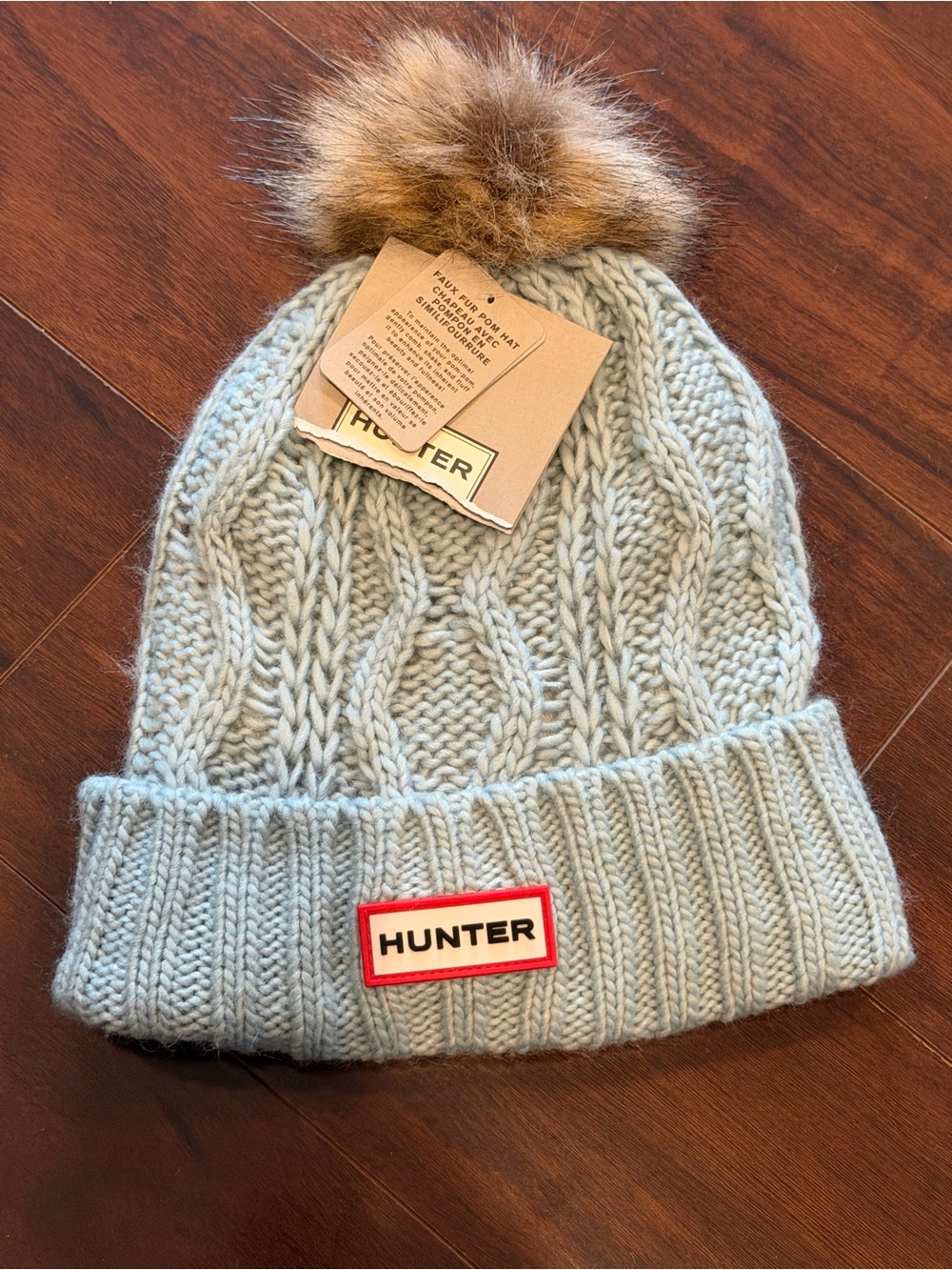 NWT - Hunter Light Blue Cable Knit Pom Fleece Lined Beanie Winter Hat